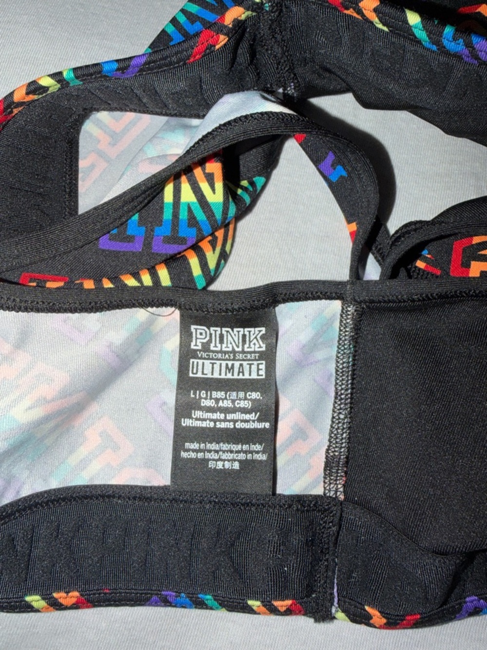 PINK Victoria Secret Black Sports Bra & PINK Victoria Secret Rainbow Sports Bra - Picture 5 of 6